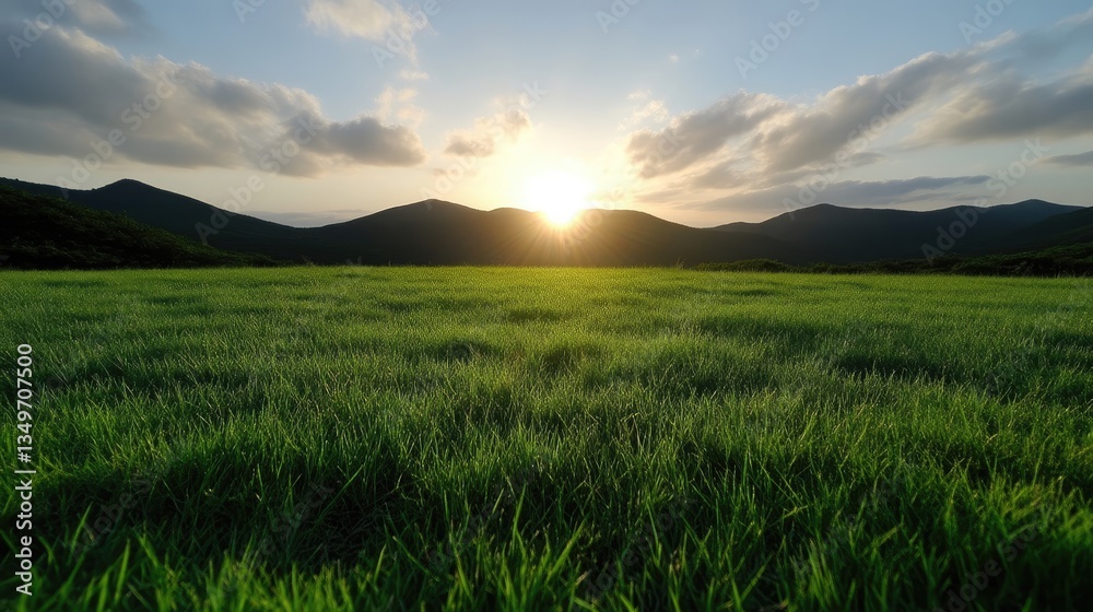 Fototapeta premium Lush green field at sunset over rolling hills (1)