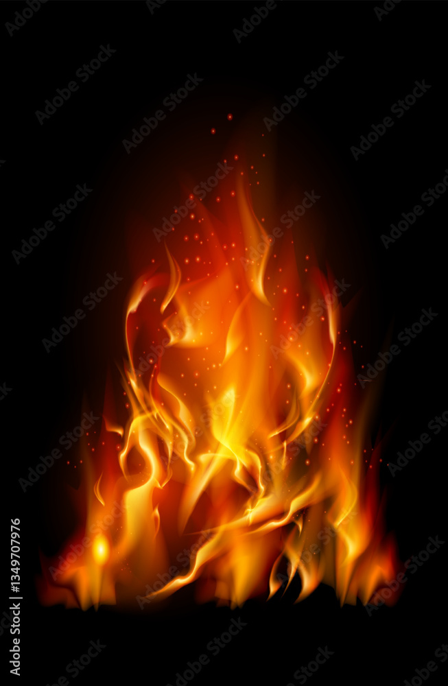 illustration of blazing fire flames with glowing embers isolated on a dark background illustration of blazing fire flames with glowing embers isolated on a dark background