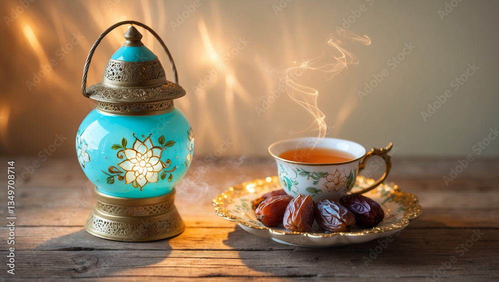 Fototapeta premium A serene Ramadan evening scene featuring a steaming cup of tea, sweet dates, and an ornate turquoise lantern glowing warmly on a rustic wooden table.
