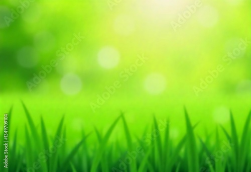 Generative AI Nature background with green grass and bokeh lights, creating a serene and fresh atmosphere