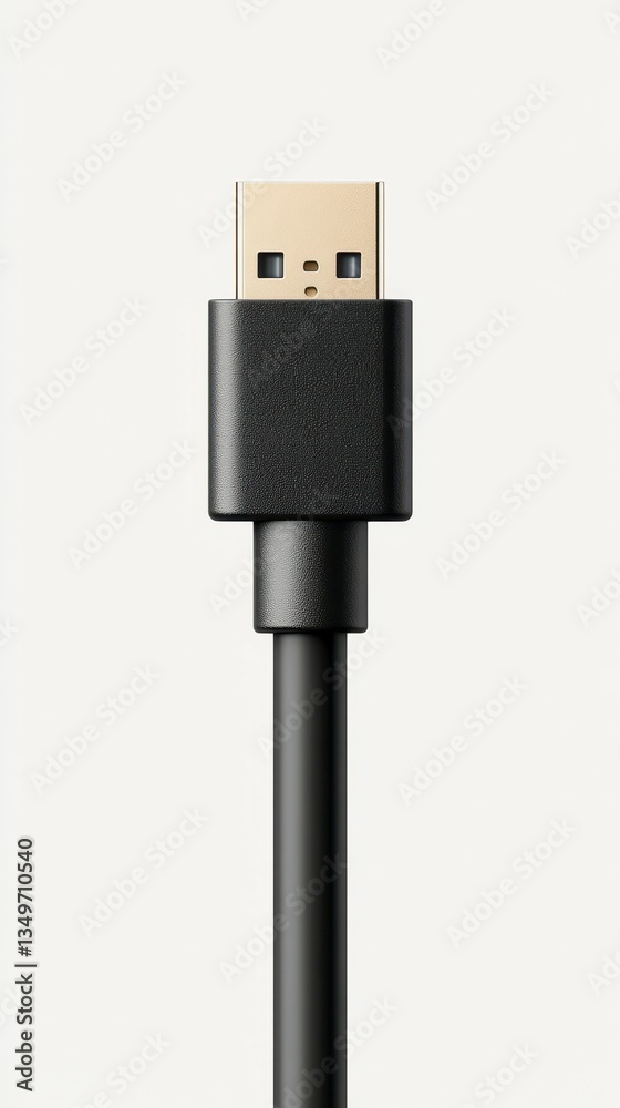 Close-up view of a black USB cable connector in a minimalist style on a light background Close-up view of a black USB cable connector in a minimalist style on a light background