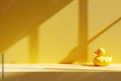 Yellow rubber duck on shelf, sunlight shadows, minimalist background, kids bath toy
