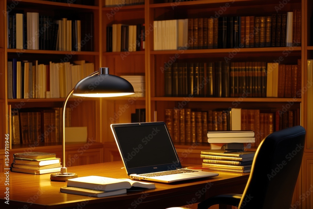 Cozy and Inviting Study Workspace with Open Laptop, Desk Lamp, and Stacked Books in a Warmly Lit Library Environment Perfect for Reading and Studying Cozy and Inviting Study Workspace with Open Laptop, Desk Lamp, and Stacked Books in a Warmly Lit Library Environment Perfect for Reading and Studying