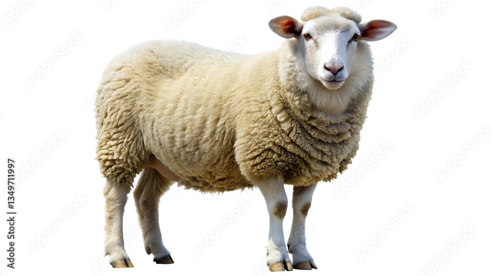 Fototapeta premium Sheep and lamb standing on a white background in a rural countryside setting