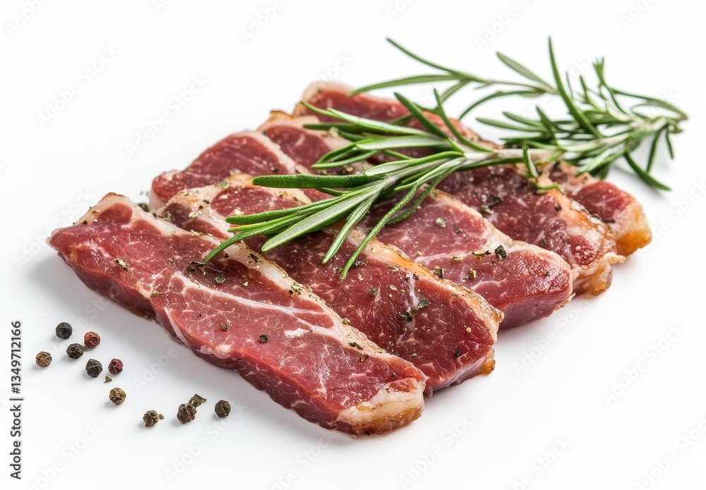 Freshly Sliced Meat on White Background with Herbs and Spices for Culinary Decoration and Presentation Freshly Sliced Meat on White Background with Herbs and Spices for Culinary Decoration and Presentation