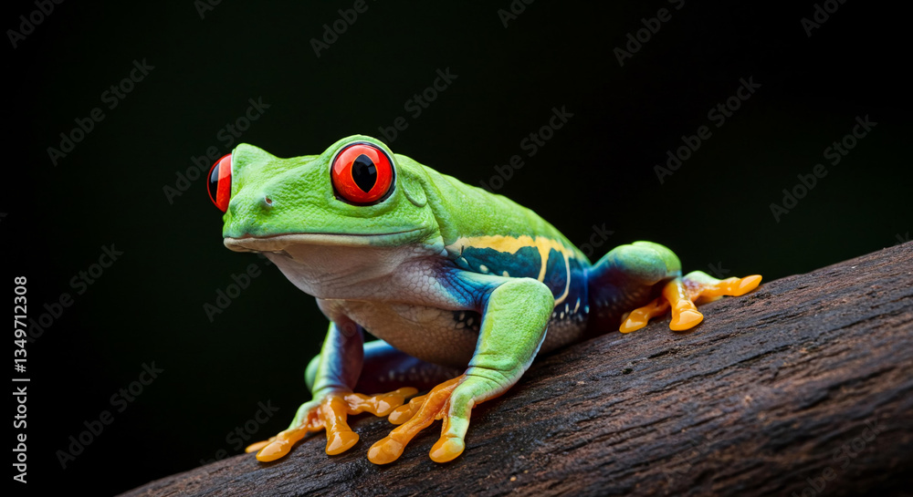 Obraz premium Vibrant Red Eyed Tree Frog on Dark Wood Branch Close Up Wildlife Photography