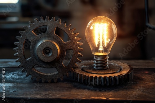 A glowing lightbulb nestled in a gear mechanism symbolizes innovation and ingenious solutions.