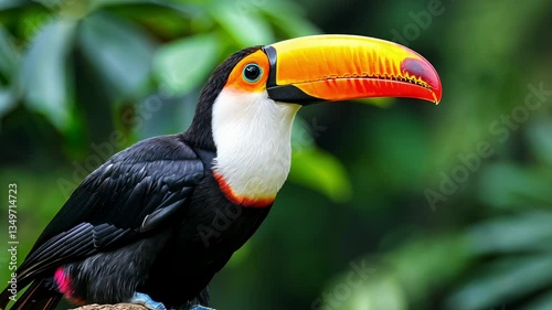 Colorful toucan perched on a branch in a lush green rainforest habitat showcasing vibrant plumage