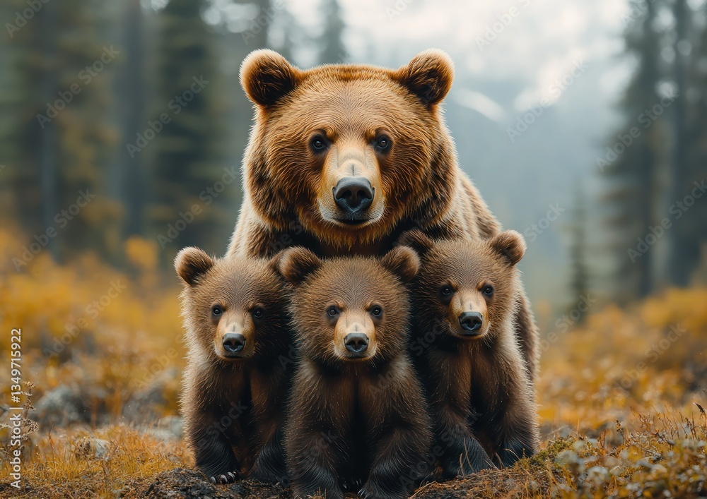 Fototapeta premium Mother brown bear cubs autumn forest wildlife