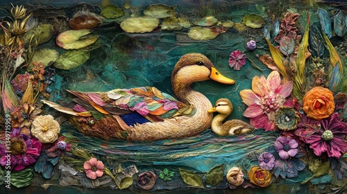 Ducklings in a Pond of Pressed Flowers