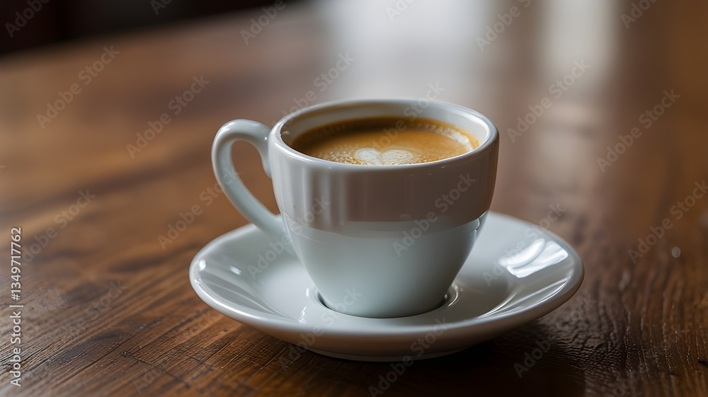 Close-up of an espresso cup filled with white saucer on a wooden table. Plantation Close-up of an espresso cup filled with white saucer on a wooden table. Plantation
