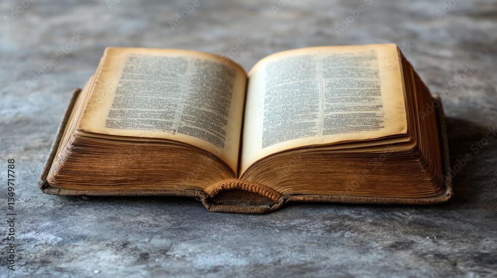 Obraz premium A gently aged book presented open resting on a textured grey surface inviting discovery and exploration of historical narratives within its pages