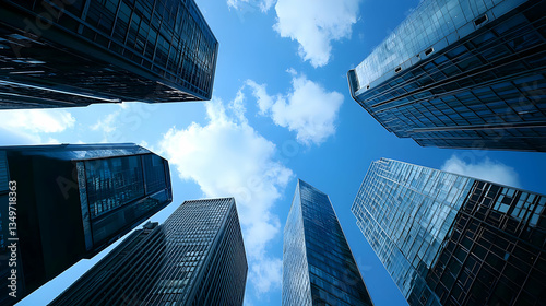 Low Angle View Of Modern Skyscrapers Reaching Towards A Vibrant Blue Sky With Scattered White Clouds And Reflective Glass Facades
