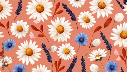 Wallpaper Mural A colorful floral pattern featuring daisies and blue flowers on a coral background. Torontodigital.ca
