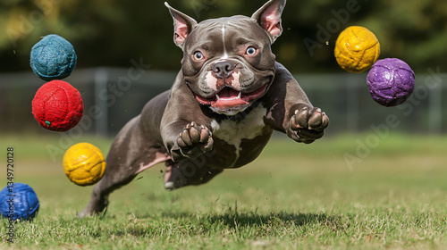 Energetic dog joyfully running with colorful balls in a park, embracing the spirit of outdoor play and enrichment activities.