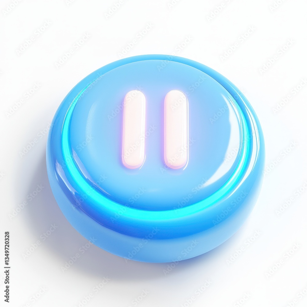 Glowing blue pause button on white background:symbolizing temporary stop. Useful for software manuals, app UI design and educational resources. Glowing blue pause button on white background:symbolizing temporary stop. Useful for software manuals, app UI design and educational resources.