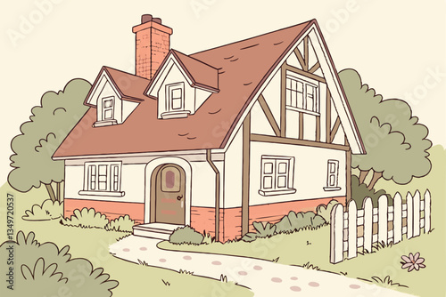 25 Cozy cottage, watercolor illustration, storybook house, steep gabled roof, brick chimney, wooden front door, bay windows, white trim, picket fence, lush garden, warm terracotta exterior, charming a