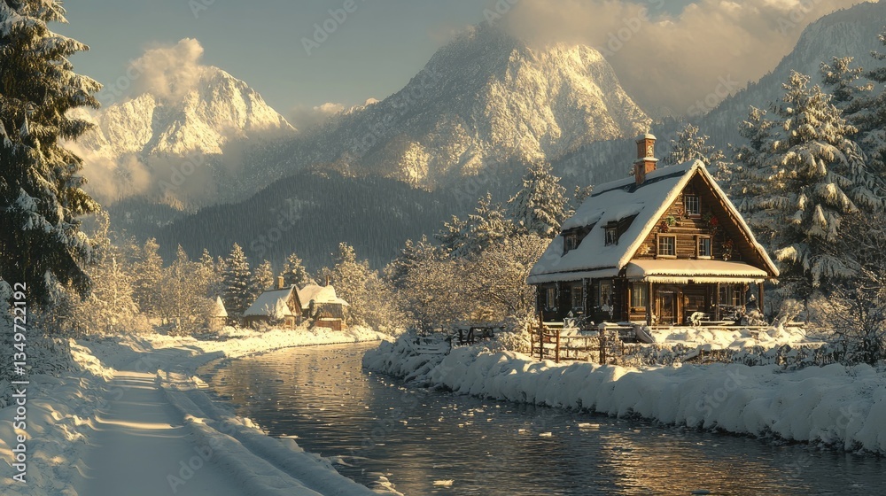 Fototapeta premium Snowy mountain cabin river winter landscape postcard