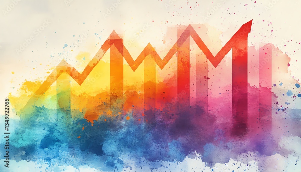 Naklejka premium vibrant watercolor illustration of a growth chart, showcasing rising business trends and progress in analytics with colorful strokes and dynamic visuals