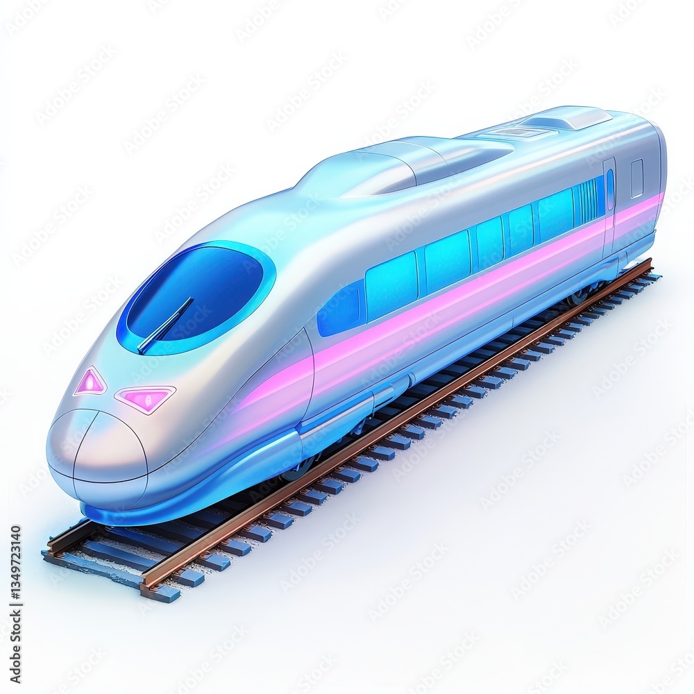 Naklejka premium Sleek, futuristic silver train with neon highlights on a track against white symbolizing innovation, perfect for transport and technology ads.