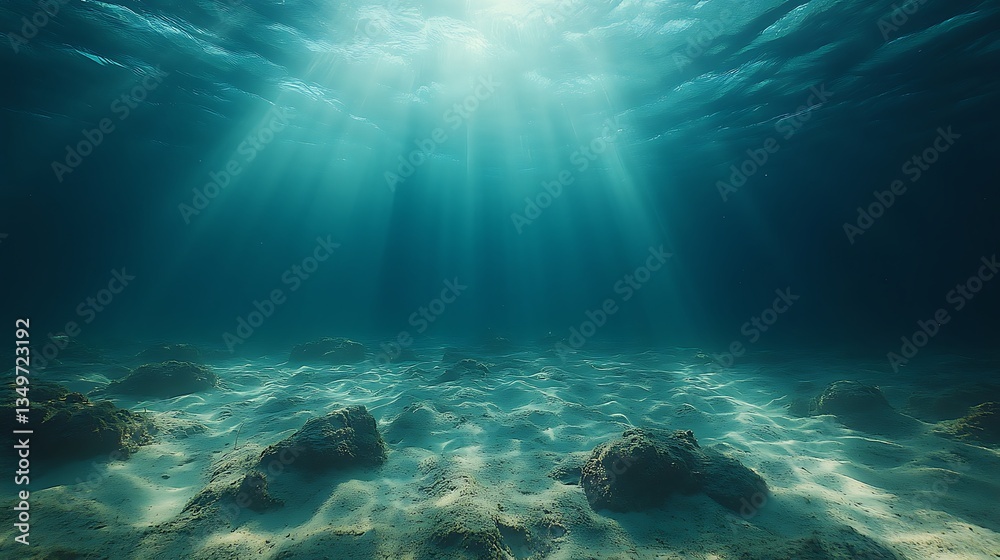 Fototapeta premium Sunlight piercing through deep ocean water illuminating sandy seabed