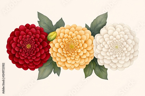 Dahlias Red with Orange, and White Blooms.