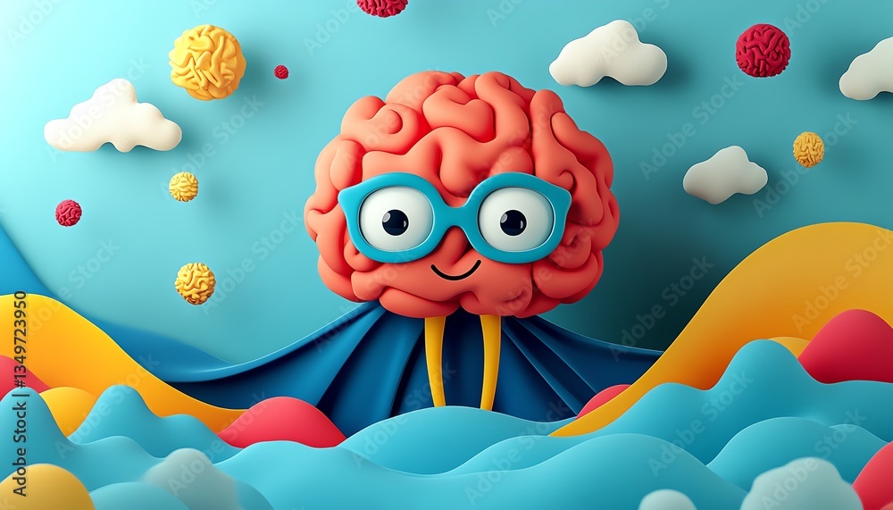 Obraz premium A cheerful brain character wearing a superhero cape, symbolizing intelligence and creative thinking, set in a colorful, imaginative world