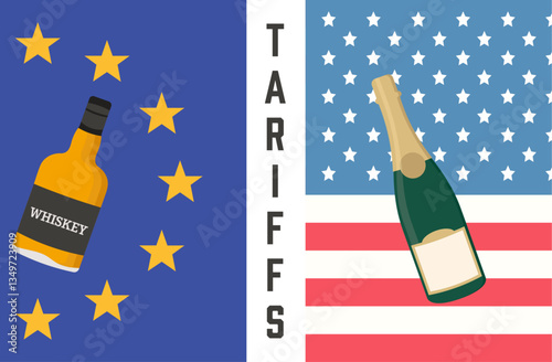 Trade dispute between the EU and the USA, showcasing tariffs imposed on whiskey and champagne. Vector illustration.