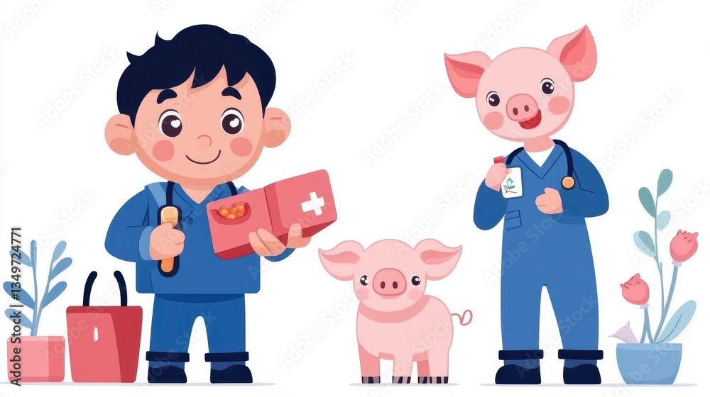 Veterinarian caring for piglet, medicine for healthy development. Farm animals treated with care, illustration style, happy and optimistic Veterinarian caring for piglet, medicine for healthy development. Farm animals treated with care, illustration style, happy and optimistic
