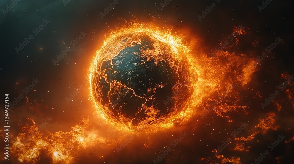 A hyperrealistic depiction of Earth melting under intense flames