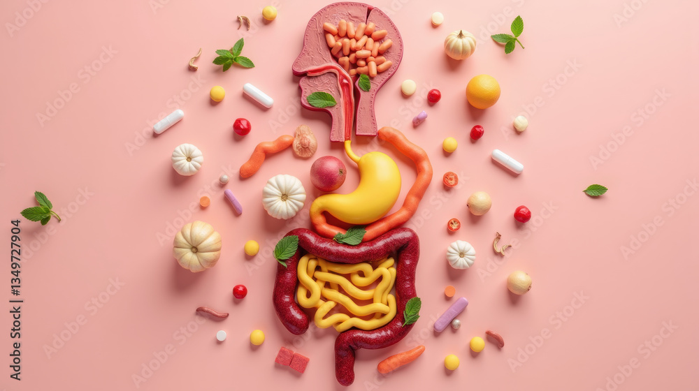 Obraz premium Colorful food items arranged to resemble human digestive organs, creating playful and artistic representation