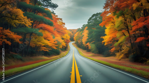 A road through a golden autumn landscape orange yellow foliage.