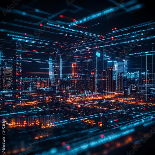 A night city surrounded by an abstract gradient blue and red glowing light trail, a smart city utilizing big data technology. Generative Ai