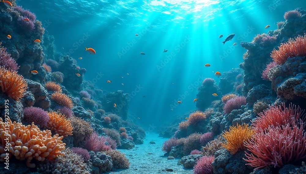 Naklejka premium Vibrant Coral Reef Underwater Scene with Fish