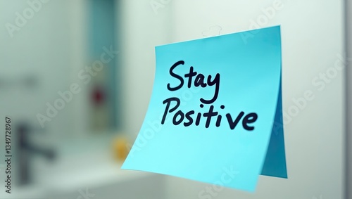 Stay positive text, blue sticky note on mirror, motivational handwritten quotes	