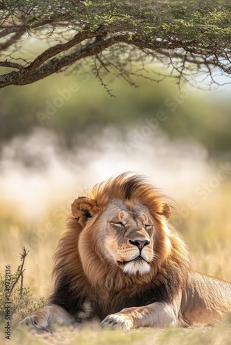 male lion resting under shade of acacia tree on hot day with visible heatwaves in distance