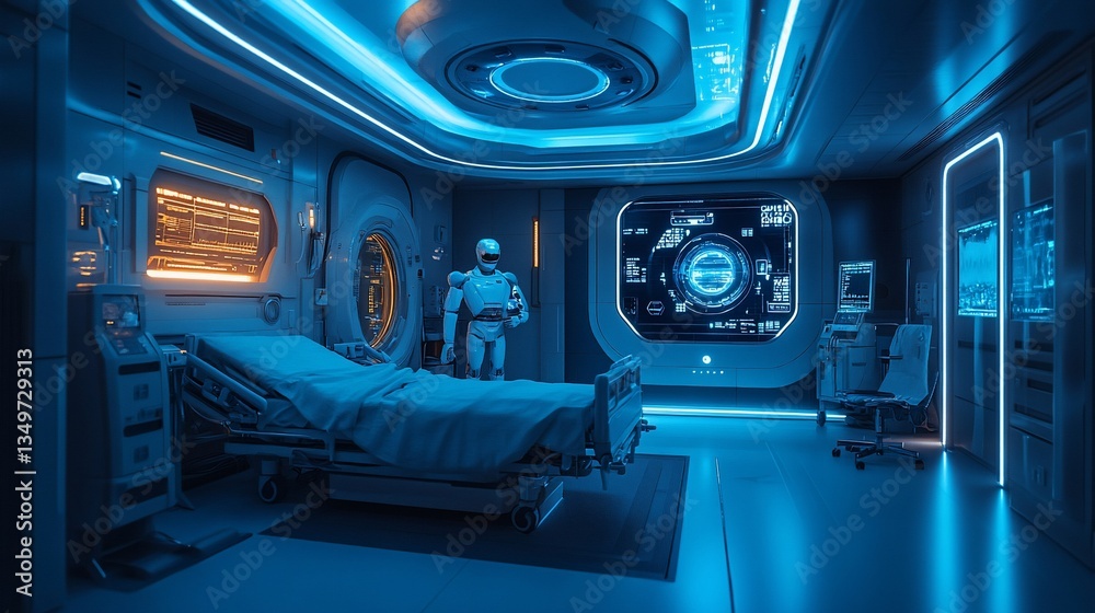 Fototapeta premium Futuristic hospital room with robot and patient bed. (1)