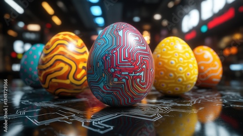 Colorful circuit patterned easter eggs on reflective surface. Easter, Pascha, Paskha, Ostern, Pascua, Paques - Orthodox and Catholic Holiday celebration photo