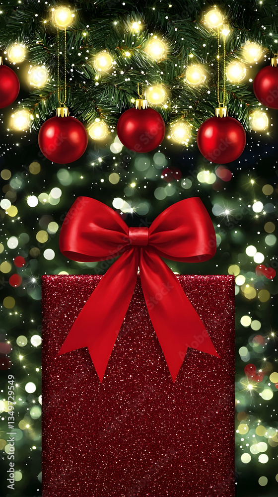 Red gift box with bow under Christmas tree lights; holiday greeting card Red gift box with bow under Christmas tree lights; holiday greeting card