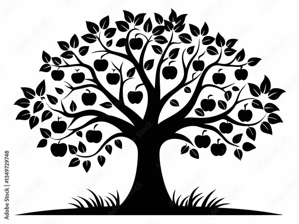 Black Silhouette of a Lush Apple Tree with Branches, Leaves, and Hanging Fruits in Nature Black Silhouette of a Lush Apple Tree with Branches, Leaves, and Hanging Fruits in Nature