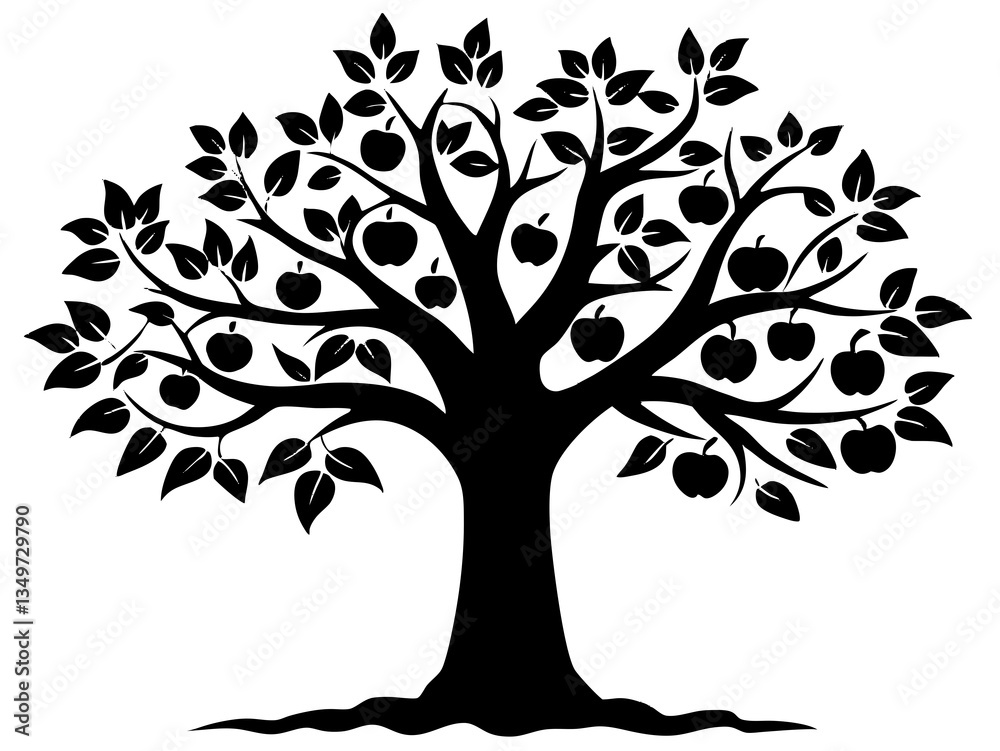 Fototapeta premium Black Silhouette of a Lush Apple Tree with Branches, Leaves, and Hanging Fruits in Nature