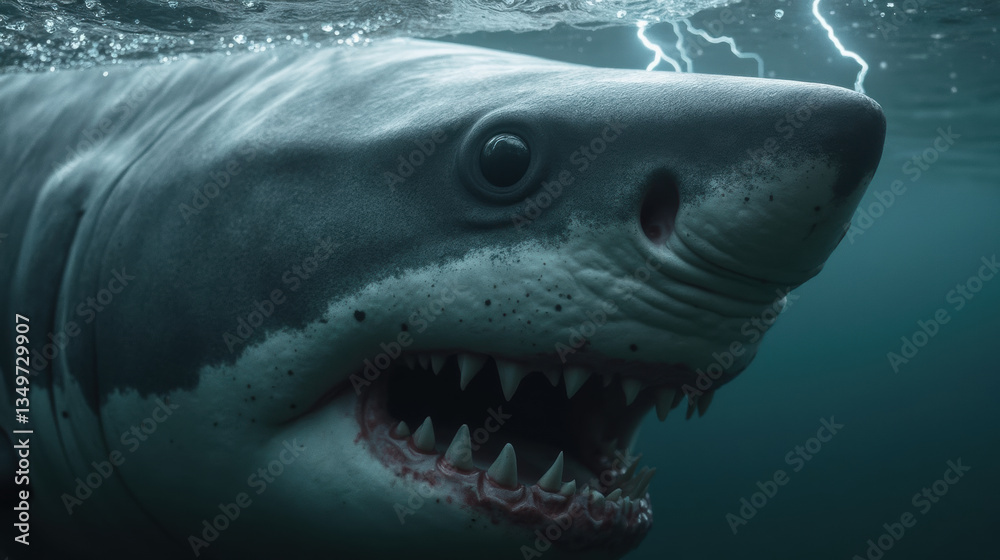 Fototapeta premium fierce shark emerges from dark waters, showcasing its sharp teeth and powerful presence, under stormy sky with lightning