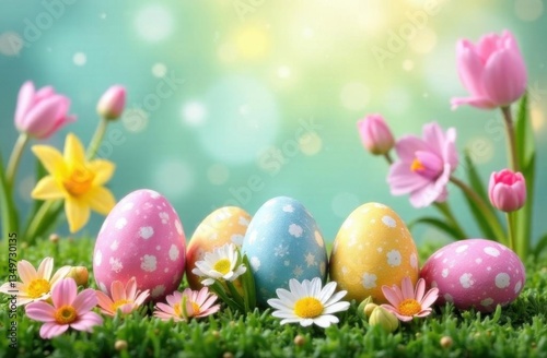 Beautiful painted Easter eggs on a green meadow, against the background of a fresh spring landscape. There are flowers nearby. A greeting card, a wish. Copy the space.