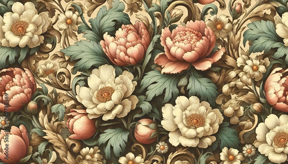 Fototapeta premium Élégance d'époque, Motifs floraux de style vintage, avec des fleurs détaillées et des couleurs riches, Motif floral romantique et détaillé