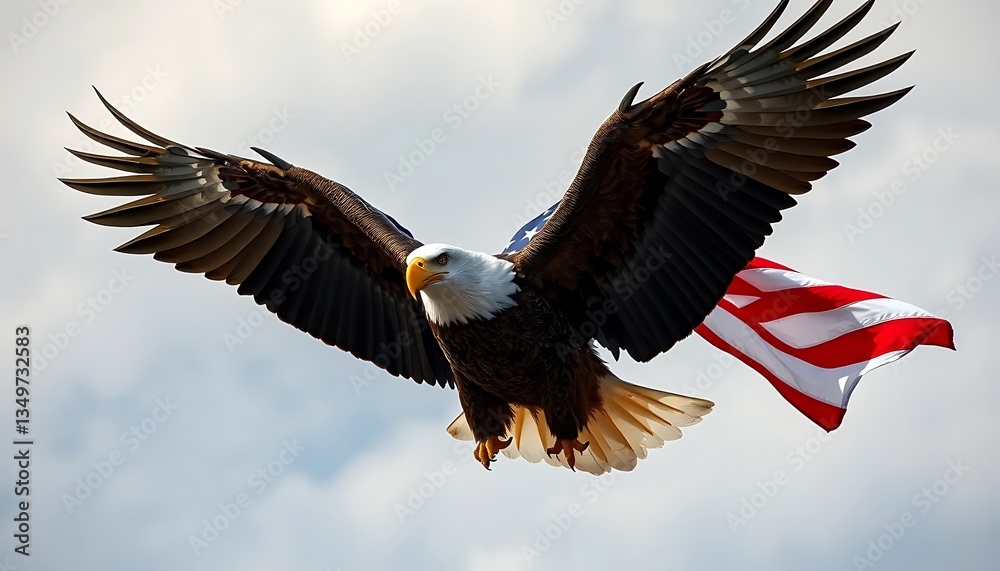 Naklejka premium Majestic Bald Eagle in Flight with American Flag, Soaring High Above Clouds, Patriotic Symbol of Freedom and Power