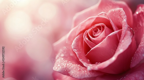 Close-up Pink Rose with Water Droplets on Petals and Soft Background