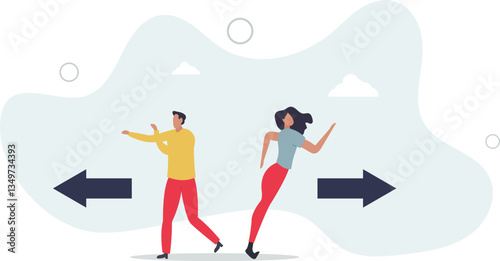 Different individual way, different business direction or team conflict, opposite decision, contrast or disagreement concept.flat character life .