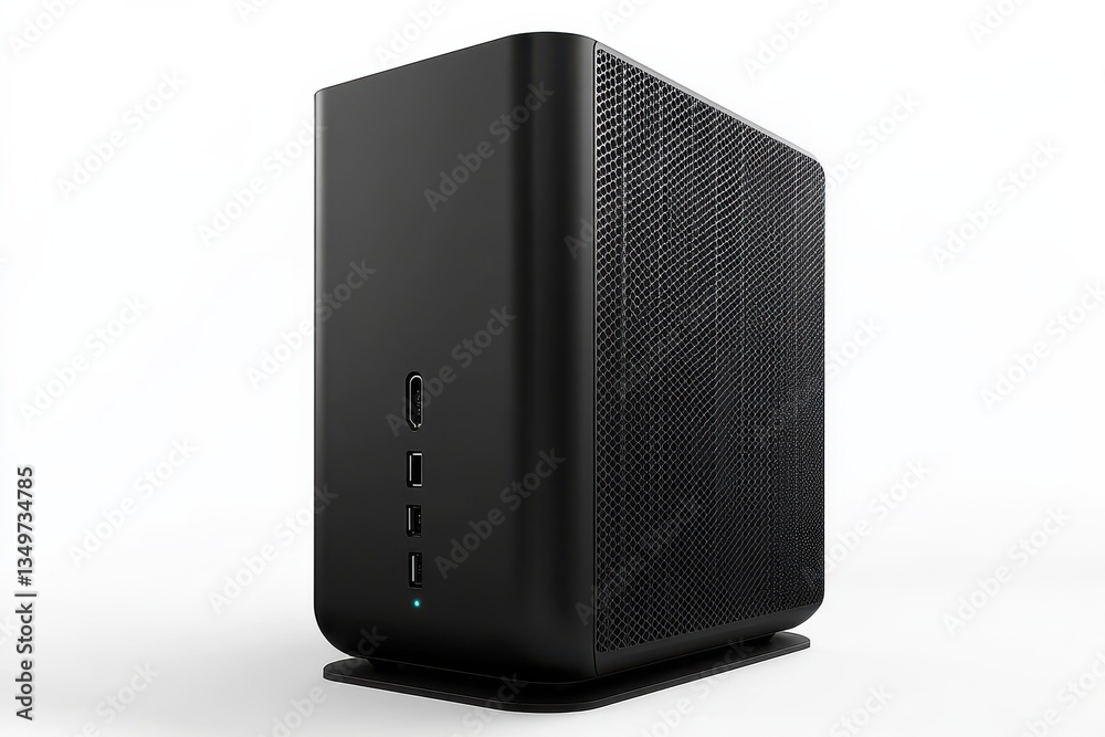 Obraz premium Modern Desktop Computer Tower with Sleek Black Design, USB Ports, and Minimalist Aesthetic for Professional and Home Office Use