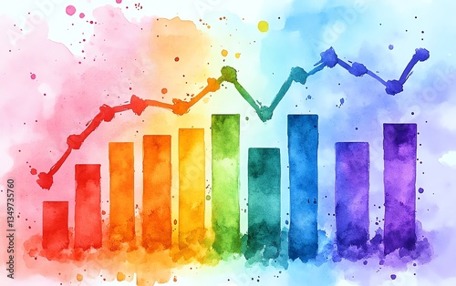 Vibrant watercolor illustration of a growth chart, showcasing progress and business trends with colorful hues representing analytics and success