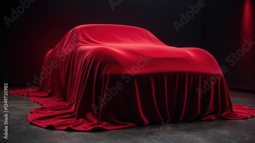 sleek car covered in luxurious red fabric, creating air of mystery and anticipation. smooth draping enhances its elegant shape
